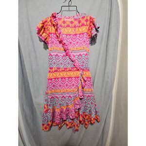 Feather & Find Boho Luxe Wrap Dress Small Pink Orange Tribal‎ Ruffle Mini